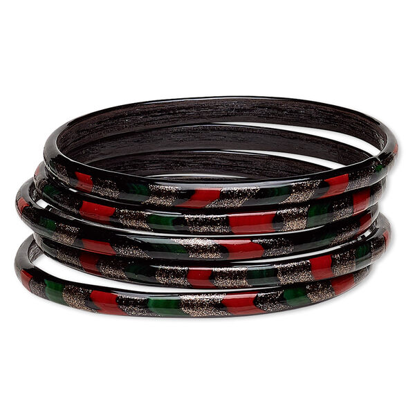 Bracelet, bangle, lampworked glass, black / red / green with copper-colored glitter, 6mm wide, 8 to 8-1/2 inches. Sold per pkg of 5. image number 0
