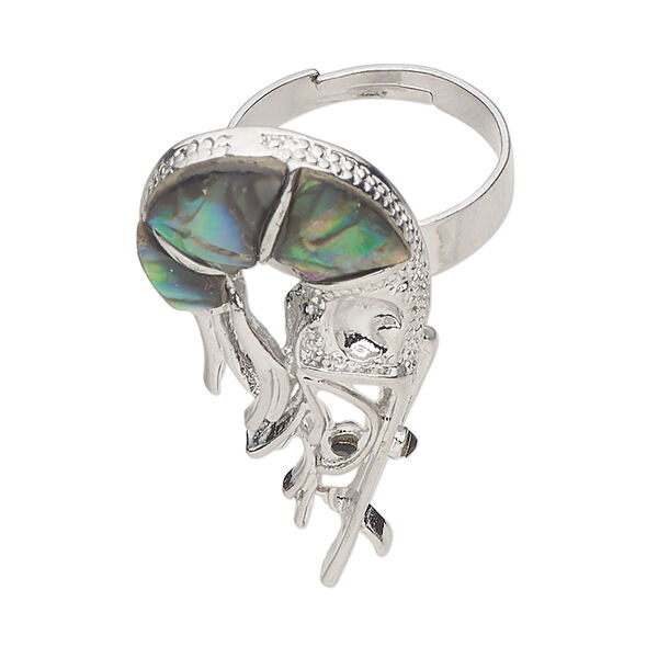 Ring 1pkg1 brass / paua shell / glass rhinestone, 38x19mm shrimp, natural silver finish/ black image number 0