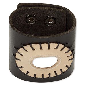 Bracelet, leather / acrylic / silver-finished steel, black / tan / dark brown, 64mm wide with freeform oval design, 7-1/2 to 9 inches with snap closure, adjustable. Sold individually.