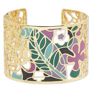 Bracelet, Avant-Garde Jewelry Collection™, cuff, enamel and gold-plated brass, multicolored, 50mm wide with cutout and floral design, adjustable from 7-1/2 to 8 inches. Sold individually.