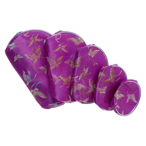 Pouch set, rayon and plastic, purple and multicolored, 4x3-inch to 8-1/2 x 5-1/2 inch graduated half round with butterfly design. Sold per 5-piece set. image number 0