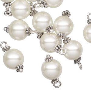 Drop, antique silver-finished "pewter" (zinc-based alloy) and acrylic pearl, white, 14mm round. Sold per pkg of 12.