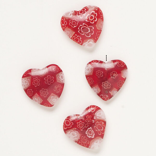 Bead, millefiori glass, translucent red / clear / white, 18-20mm half-drilled puffed heart. Sold per pkg of 4. image number 0