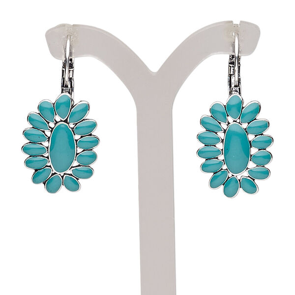 Earring, enamel with antique silver-plated brass and "pewter" (zinc-based alloy), turquoise green, 38mm with oval and leverback ear wire. Sold per pair. image number 0