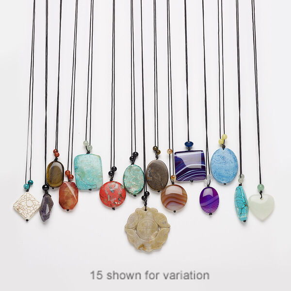 Necklace mix, multi-gemstone (natural / dyed / stabilized / heated / imitation / assembled) / glass / nylon, mixed colors, 30x23mm-45x45mm mixed shape, 28 inches with tie closure. Sold per pkg of 5. image number 0