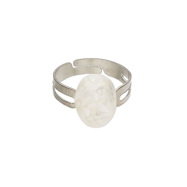 Ring 1pkg1 steel / mother-of-pearl shell, 13x10mm oval, bleached/assembled silver finish / white image number 0