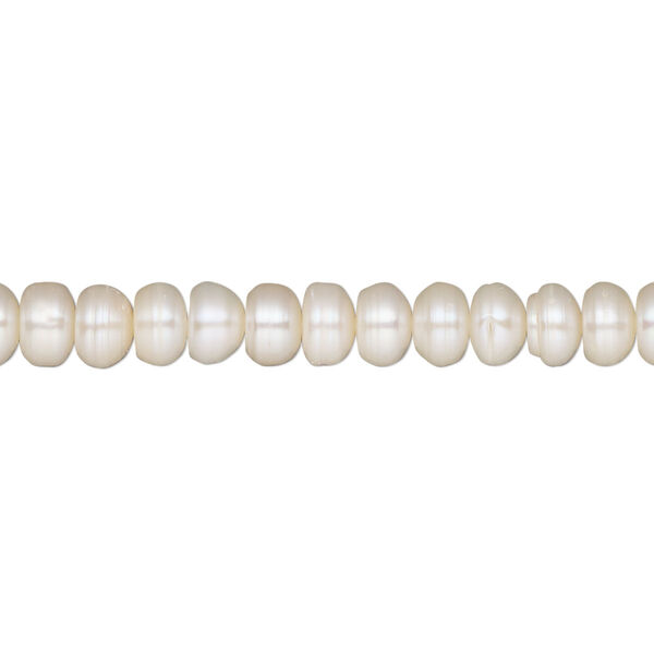 Pearl, cultured freshwater (bleached), white, 5-7mm button, C+ grade, Mohs hardness 2-1/2 to 4. Sold per 14-inch strand. image number 0