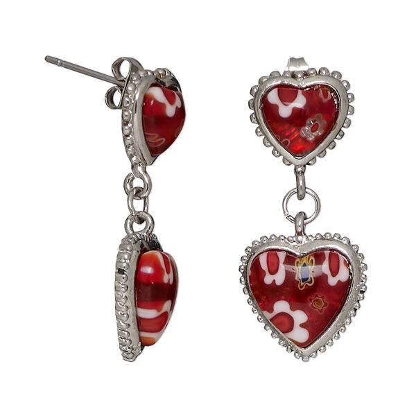 Earring, millefiori glass and stainless steel, red and white, 30mm with heart and post. Sold per pair. image number 0