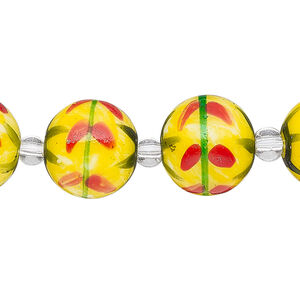 Bead, glass 1pkg8, multicolored, 14mm round with hand-painted flower.