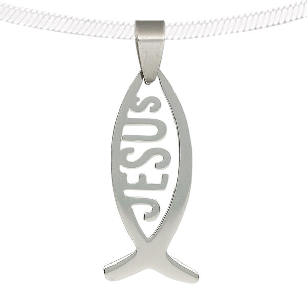 Pendant, stainless steel, 37x16mm single-sided matte and shiny Christian fish with "JESUS." Sold individually. image number 0