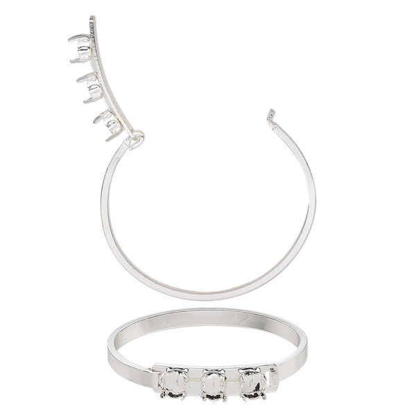 Bracelet, bangle, silver-finished brass, 9mm wide with (3) SS39 4-prong rivoli settings, 7 inches. Sold individually. image number 0