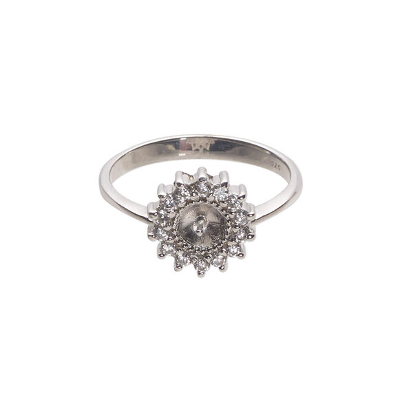 Ring, cubic zirconia and rhodium-plated sterling silver, clear, 2.5mm band with 11mm flower and 2mm peg, fits 6mm half-drilled bead, size 9. Sold individually. image number 0