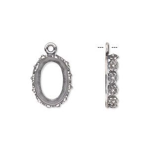 Drop, JBB Findings, antique silver-plated brass, 16x12mm oval with open back and flower design trim, 14x10mm oval bezel setting. Sold per pkg of 2.