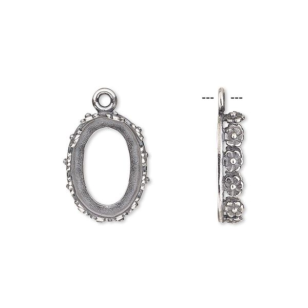 Drop, JBB Findings, antique silver-plated brass, 16x12mm oval with open back and flower design trim, 14x10mm oval bezel setting. Sold per pkg of 2. image number 0