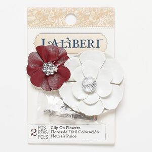 Hair clip / shoe clip kit, acrylic / plastic / silver-finished steel, silver / red / white, 40x40mm and 56x56mm flower. Sold per 6-piece kit.