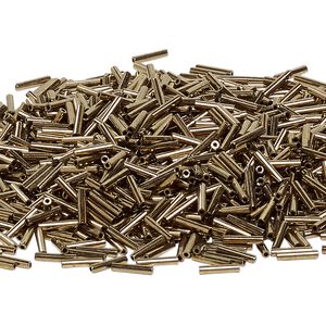 Bead, Miyuki, bugle bead, glass, pkg/250 g, 9x1.9mm center-drilled, opaque dark gold, (RBU-0457).