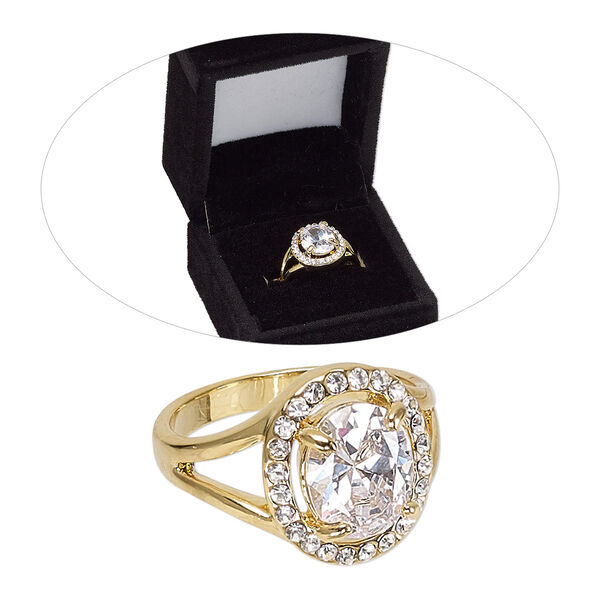 Ring, cubic zirconia and gold-finished brass, clear, 14.5mm oval, size 8. Sold individually. image number 0