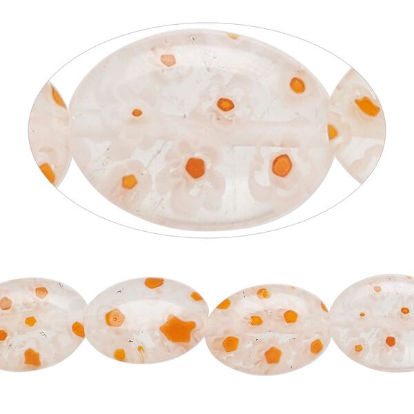 Bead, millefiori glass, transparent clear/ white / orange, 10x14mm puffed oval with flower design. Sold per 14-inch strand. image number 0