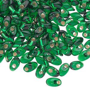Seed bead, Miyuki, glass, pkg/10g, 7x4mm long magatama, transparent silver-lined emerald green (LMA-16).