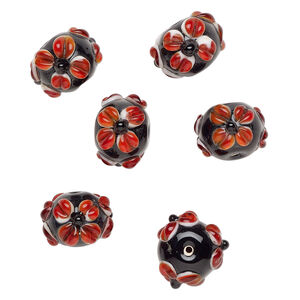 Bead, lampworked glass 1pkg6, opaque black / white / red, 18x13mm rondelle with flowers.