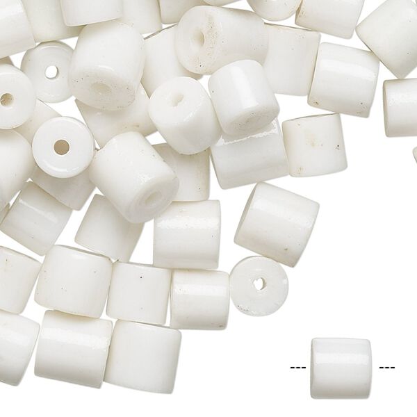 Bead, glass, opaque white, 5-8mm round tube with 1-3mm hole. Sold per pkg of 100. image number 0