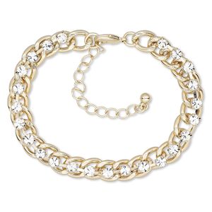 Bracelet, glass rhinestone with gold-finished steel and brass, clear, 8mm wide with cupchain, 6-1/2 inches with 2-inch extender chain and lobster claw clasp. Sold individually.