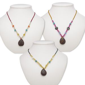 Multi-gemstone / acrylic / glass 1pkg3, teardrop pendant necklace mix continuous loop 20-24 inch 32x24mm-33x26mm