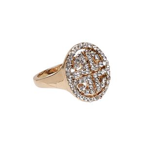 Ring, Egyptian glass rhinestone and rose gold-finished "pewter" (zinc-based alloy), clear, 18x14mm oval with Greek key design, size 8-3/4. Sold individually.