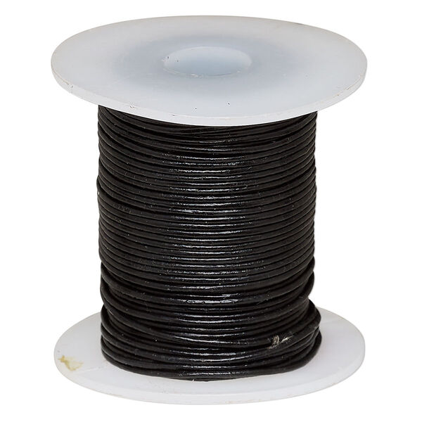 Cord, leather (dyed), black, 0.5-0.8mm round. Sold per 25-yard spool. image number 0