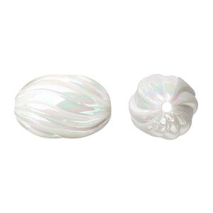 Bead, acrylic, white AB, 20x13mm fluted oval. Sold per 100-gram pkg, approximately 50 beads.