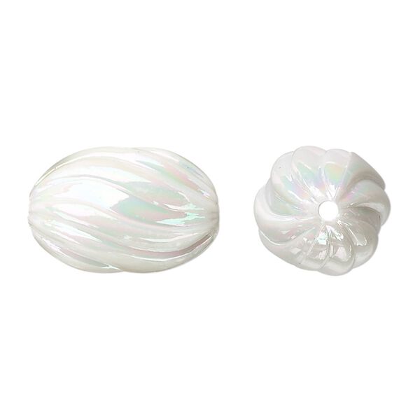 Bead, acrylic, white AB, 20x13mm fluted oval. Sold per 100-gram pkg, approximately 50 beads. image number 0