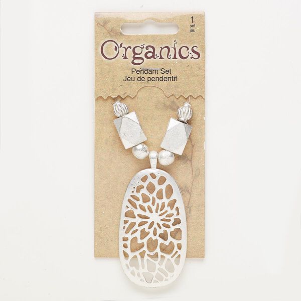 Focal and bead, silver-finished "pewter" (zinc-based alloy), 8mm-52x30mm matte assorted shape. Sold per 7-piece set. image number 0