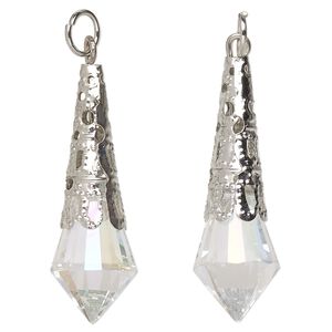 Focal, imitation rhodium-finished steel and glass, clear, 36x12mm faceted teardrop with jump ring. Sold per pkg of 6.