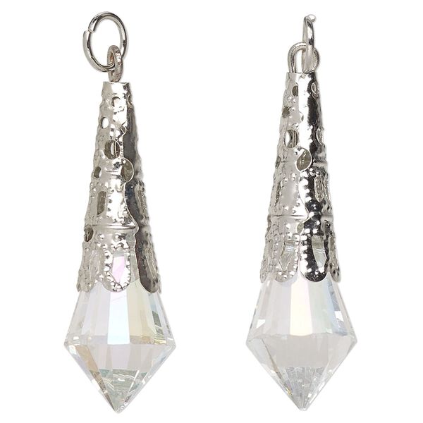 Focal, imitation rhodium-finished steel and glass, clear, 36x12mm faceted teardrop with jump ring. Sold per pkg of 6. image number 0