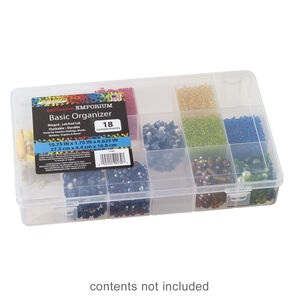 Organizer box, The Beadery®, 1pkg1, plastic, clear, 10-3/4 x 6-1/2 x 1-3/4 inches with 18 fixed compartments (2182).