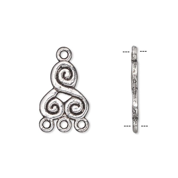 Drop, antique silver-plated "pewter" (zinc-based alloy), 14x12mm double-sided 3-spiral with 3 loops. Sold per pkg of 10. image number 0