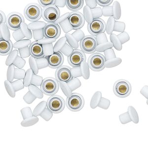 Rivet, acrylic and brass, white, 5.5x5mm with 3mm shank and 2.5mm inside diameter, fits 3.5-5mm hole. Sold per pkg of 50.