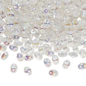 Bead, Preciosa Twin™, Pressed Twin, Czech pressed glass, translucent clear AB, 5x2.5mm oval with 2 holes. Sold per 50-gram pkg.
