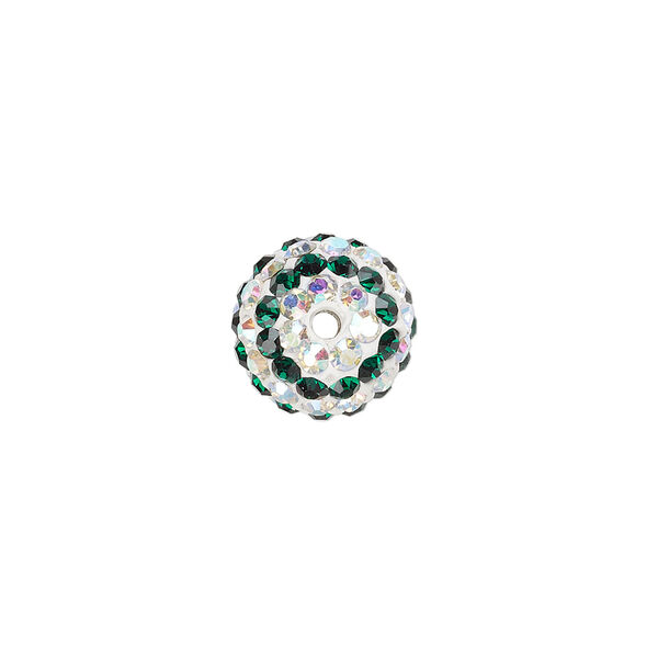 Bead, Egyptian glass rhinestone / epoxy / resin, white / dark green / clear AB, 12mm round with pav&eacute; striped design. Sold individually. image number 1