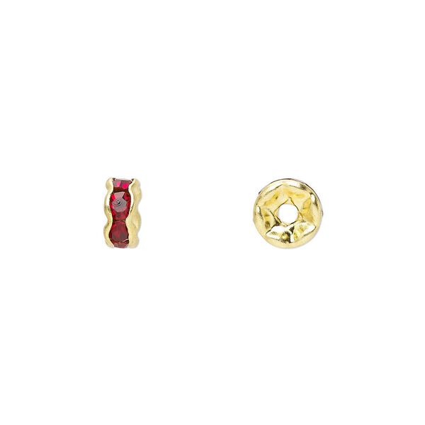 Bead, glass rhinestone and gold-finished brass, garnet red, 6x3mm rondelle. Sold per pkg of 10. image number 0