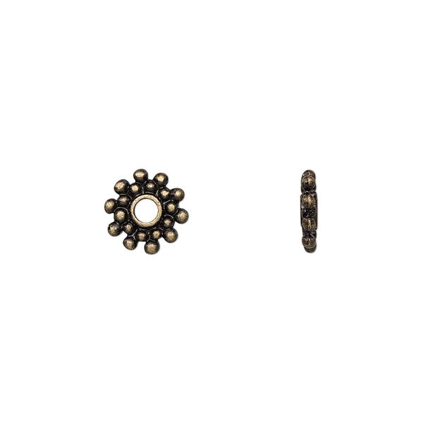 Bead, antique brass-finished "pewter" (zinc-based alloy), 9x2mm dotted rondelle. Sold per pkg of 24. image number 0