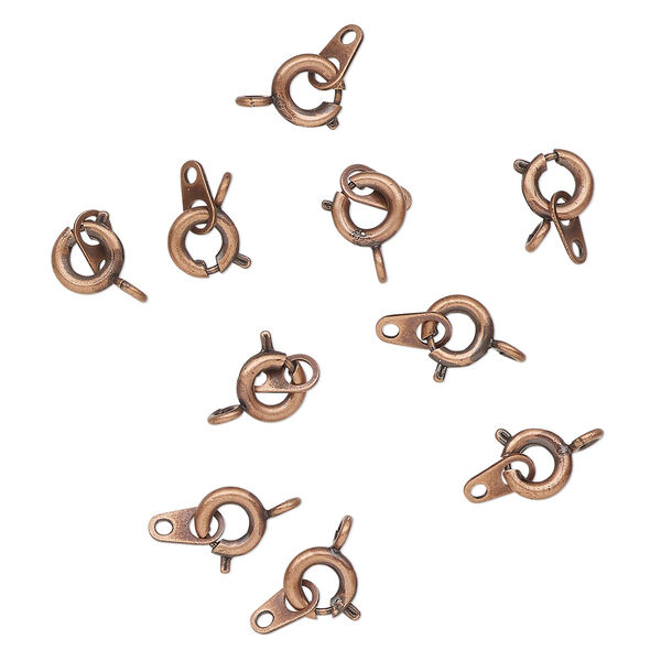 Clasp, springring, antique copper-finished brass, 6mm round with chain tab. Sold per pkg of 10. image number 0