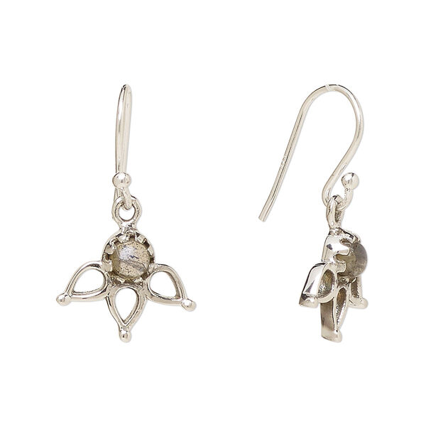 Ear wire, Create Compliments®, antiqued sterling silver and labradorite (natural), fishhook, 27mm with 14.5 x 12.5mm single-sided open 3-teardrop, 21 gauge. Sold per pair. image number 0