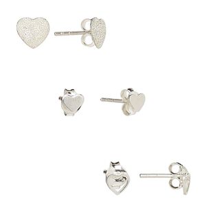Earstud, sterling silver, 4.5x4mm heart / 5x4.5mm open heart / 7x6.5mm stardust heart with post. Sold per pkg of 3 pairs.