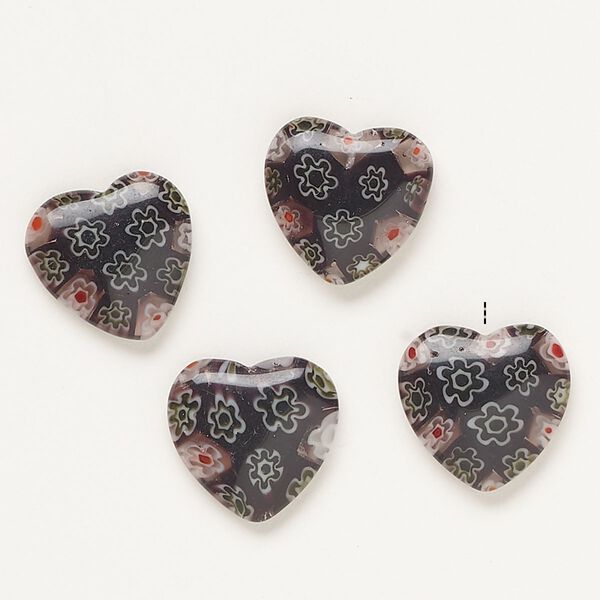 Bead, millefiori glass, opaque dark purple and multicolored, 18-20mm half-drilled puffed heart. Sold per pkg of 4. image number 0