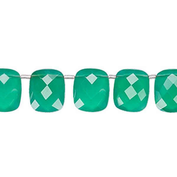 Bead, green onyx (dyed), 11x9mm hand-cut top-drilled faceted puffed rectangle, B grade, Mohs hardness 6-1/2 to 7. Sold per pkg of 9 beads. image number 0