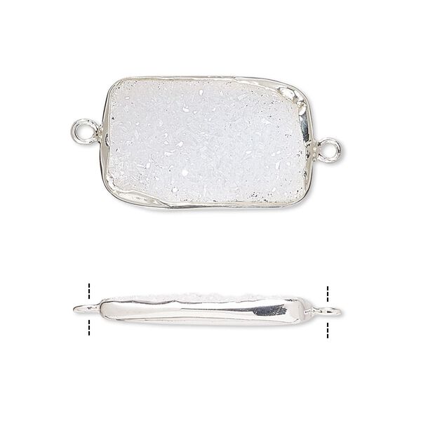 Link, white druzy agate (natural) and sterling silver, 22x13mm single-sided rectangle. Sold per pkg of 2. image number 0
