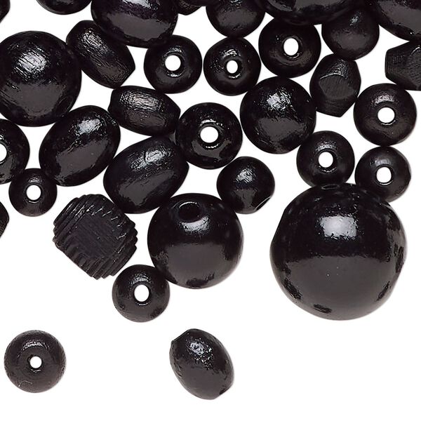 Bead mix, wood (dyed/waxed), black, 6-15mm round. Sold per 2-ounce pkg, approximately 484 beads. image number 0