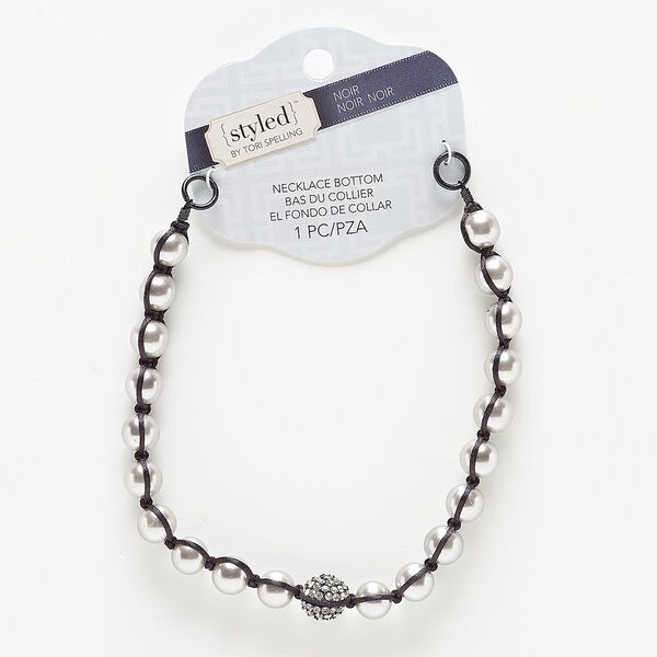 Necklace component, waxed cotton cord / glass pearl / glass rhinestone / black-finished steel, black / silver / clear, 11mm round, 11 inches. Sold individually. image number 0