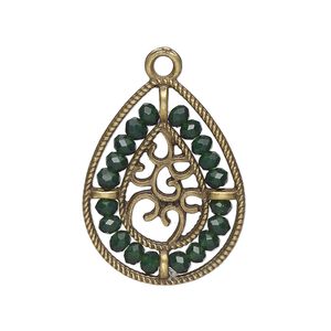 Drop, antique brass-finished "pewter" (zinc-based alloy), emerald green, 27.5 x 21.5mm teardrop with hearts and beaded border. Sold per pkg of 2.